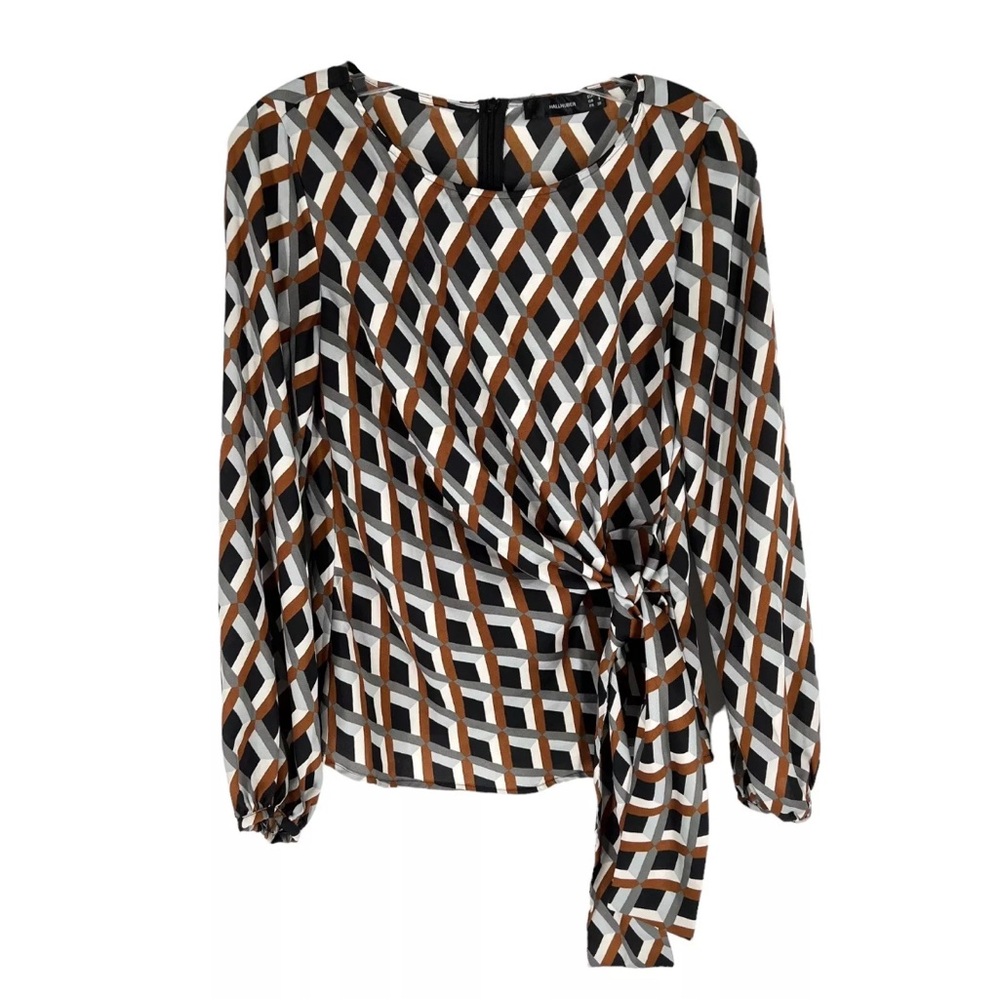 Hallhuber Blouse Womens Size 6 Black Gray Taupe Lattice Prism Print Career